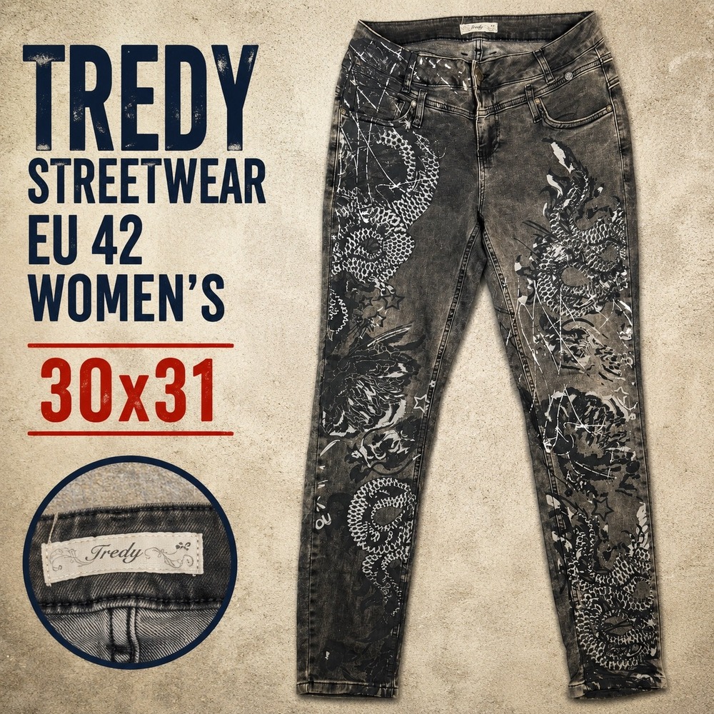 Tredy Streetwear Women Dragon Graphic Print Jeans Washed Black EU 42 30x31